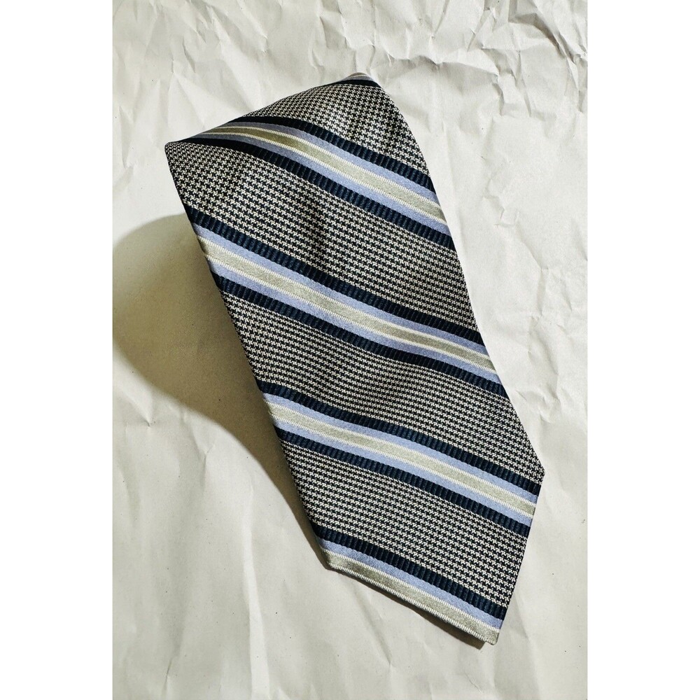 Ike Behar Men's 100% Silk Necktie Silver/Blue Stripes Made in USA 58"L x 4"W